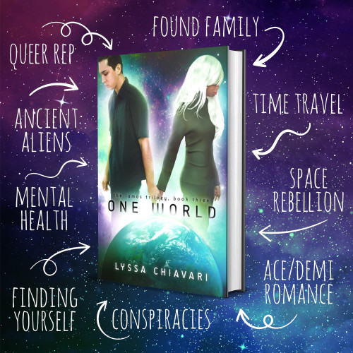 A graphic featuring several of the tropes included in One World: Queer rep, found family, ancient aliens, time travel, mental health, space rebellion, ace/demi romance, finding yourself, conspiracies.