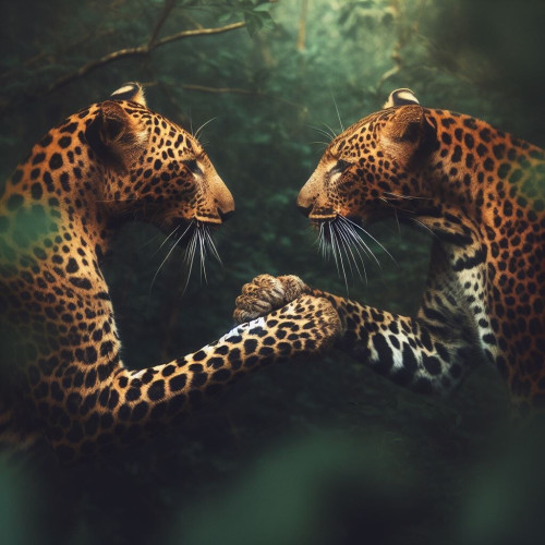 two leopards exchanging a secret ritual handshake. blurred jungle background. Via Bing Image create