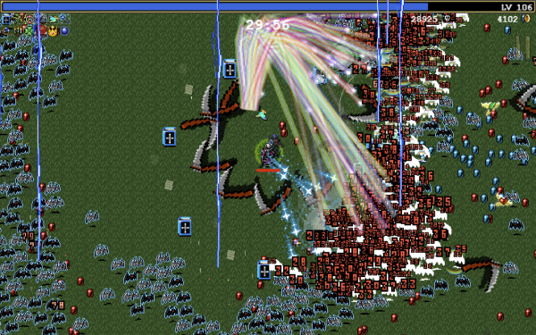 A screenshot of Vampire Survivors with 29:56 on the clock and at level 106, showing upgraded bat enemies taking hundreds of points of damage from rainbow beams and scythes.