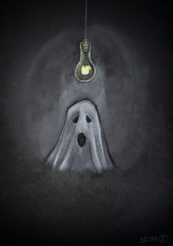 A single lightbulb hangs from the ceiling and underneath it, in the dim light, stands a ghost.