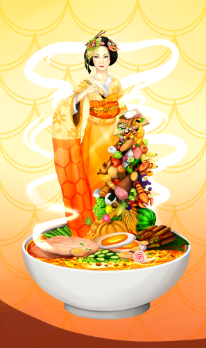 Digital painting of a Japanese goddess, dressed in a golden kimono decorated with flower and honeycomb patterns, holding a pair of chopsticks. From a serving board in her left, a plethora of food flows into a giant soup bowl to her feet.