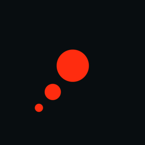 Three red circles on a dark background. Aligned near bottom left to centre, each circle doubles in size (small to medium to large)