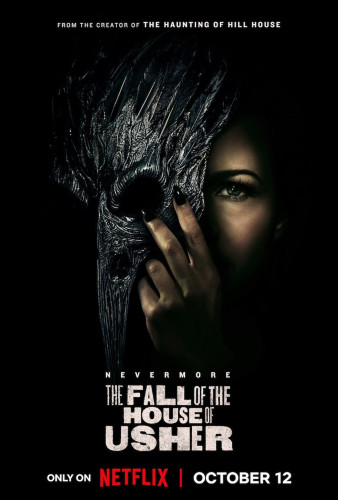 Poster for the Flanagan show THE FALL OF THE HOUSE OF USHER. A shadowed woman holds up a creepy bird mask and covers half her face.