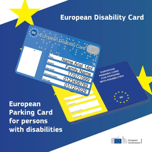 A mock-up of the two proposed cards for people with disabilities:

- The European Disability Card is a light-blue card with: on top of it, the country identification, the name of the card, and a grey version of the EU logo; below it, the space for a photo and personal details. 

- The Enhanced European Parking Card for persons with disabilities is a yellow-and-blue card with personal data on the left and the card's name on the right.

In the background, a white-and-blue striped background with European stars. 
