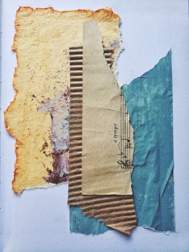 A mixed media collage of vintage torn paper, cardboard, and painted pages.