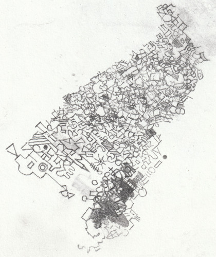 graphite pencil abstract line drawing suggesting a small city with streets, greenspaces, housing and places to eat and work