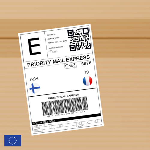 The top of a parcel with a regular postal label indicating the country of origin and the destination. The EU emblem features at the bottom right corner.