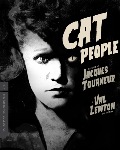Poster/cover/artwork of Criterion edition of Cat People which shows a woman's face but the upper right third of it is split to make it look like she has a cat (Jaguar/panther) eye.
