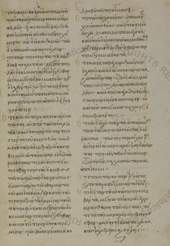 A page of greek in two columns, the ink is brown with pale pink capitols