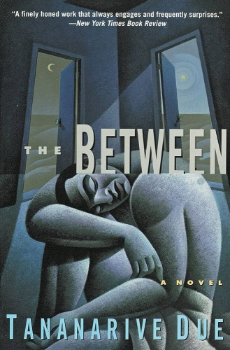 The cover of "The Between". A painting of a man slouched on the floor, sleeping with his head resting on his knee. In the background are two doors, one showing sand dunes at night and the other showing sand dunes during the day