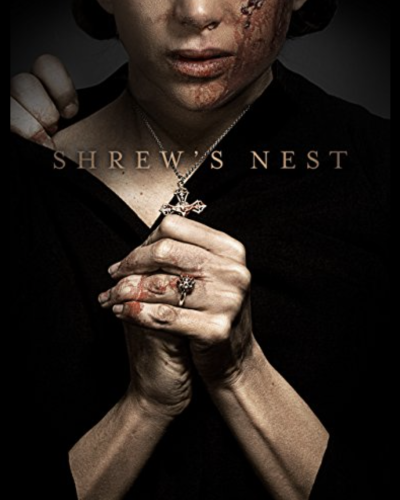 Movie poster for SHREW'S NEST:
The lower half of a woman's face, her shoulders and upper body are shown, with her hands clasping a crucifix. Blood is on her face and hands.