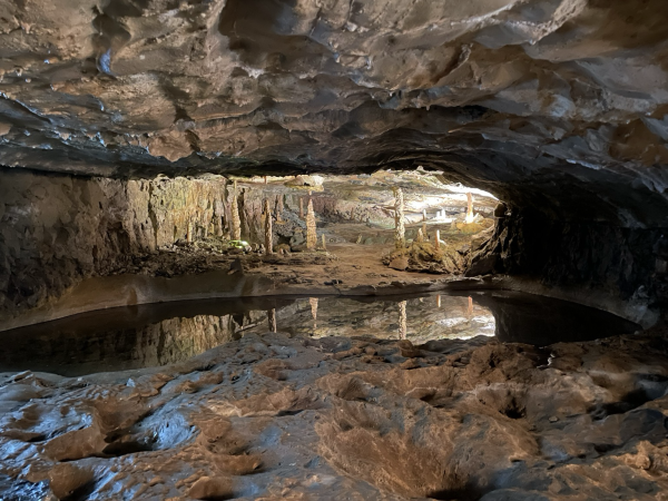 A grotto with water reflecting stalactites and stalagmites 
