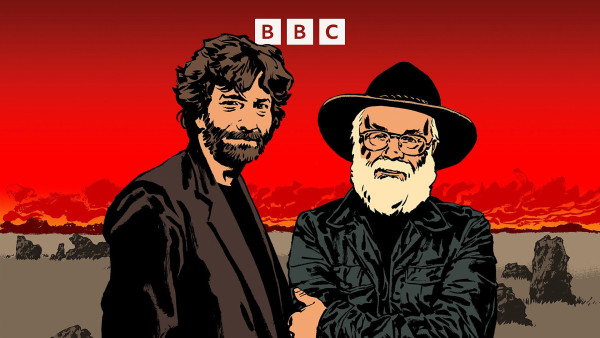 Ilustration showing authors Neil Gaiman and Terry Pratchett against a rocky landscape and a fiery red sky. Pratchett wears a distinctive wide-brimmed hat and stands with his arms crossed.