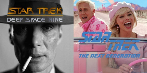 Pic parted in the middle. Left: Scene from the movie oppenheimer (black white portrait of man with hat and cigarette), caption: Star Trek Deep Space Nine. 
Right: Scene from the Barbie movie (man, woman driving in a cabrio, pink colours), caption: Star Trek The Next Generation