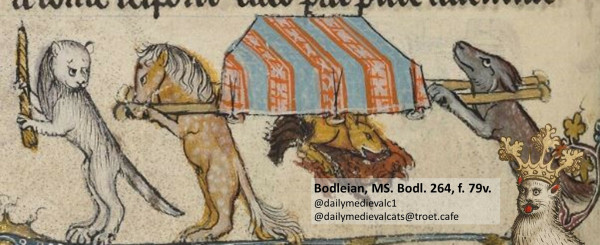 Picture from a medieval manuscript: A cat admonishes a horse and a donkey to be careful