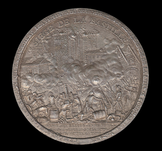 Cast lead uniface medal. 
Storming of the Bastille: lower centre, a crowd of armed civilians with soldiers of the French Guard firing cannon at the Bastille, above, with smoke and flames visible on the battlements and smoke across centre enveloping the crowd: right, the chains of the drawbridge are broken and the inner courtyard is stormed. (obverse) (obverse)
Blank. (reverse) 
Issuer: Pierre François Palloy
Modelled by: Moisson
After: Bertrand Andrieu

1792

France

lead

cast
Diameter: 80.000 millimetres
Inscriptions

Inscription content: CE PLOMB SCELLAIT LES ANNEAUX QUI ENCHAINOIENT LES VICTIMES DU DESPOTISME RETRACE L'EPOQUE DE LA LIBERTE CONQUISE L'AN PREMIER
Inscription translation: This lead sealed links which chained the victims of despotism. Recounts the era of freedom conquered in the first year

Inscription content: SIEGE DE LA BASTILLE
Inscription translation: Siege of the Bastille

Inscription position: obverse exergue

Inscription content: DEDIE AUX ELECTEURS DE 1789 PAR PALLOY PATRIOTE LORS DE LA RENDITION DE SON CMPTE A LA NATION
Inscription translation: Dedicated to the voters of 1789 by the Patriot Palloy during the presentation of his accounts to the nation

The medal is described as being made from lead salvaged from the Bastille, which was demolished in 1792. This medal was made by Moisson after the famous medal by Bertrand Andrieu, and distributed in 1792 under the direction of 'Patriot Palloy'. 800 examples were made

Variant of Hennin 1826, 26, p.18, 