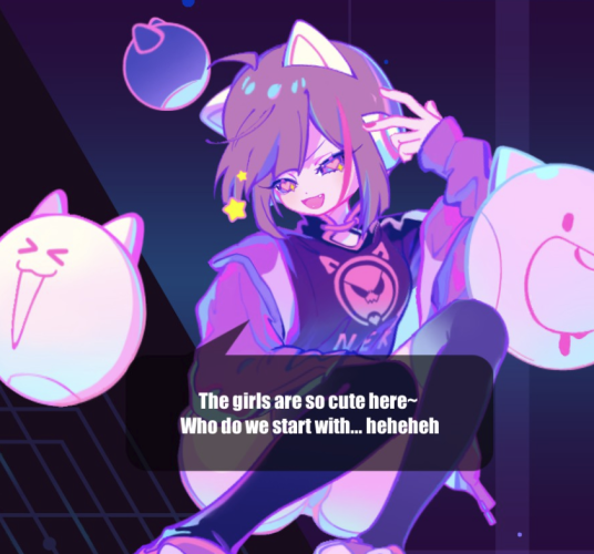 A Muse Dash screenshot of Neko From Cytus II. A speech bubble reads "The girls are so cute here~ Who do we start with... heheheh".