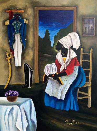 A modern painting of Marie-Claire Heureuse Félicité Bonheur, painted by Patricia Brintle (posted on an online art gallery website https://www.fanmrebel.com/en/gallery) The painting, in the description of the artist: Here we see the wife of Dessalines, Marie-Claire Heureuse Felicite, at dawn waiting for her husband to dress. His uniform is ready, boots are clean and shiny, and she holds his bicorn on her lap. She is a very pious woman and is known for interceding with Dessalines to allow her to feed hungry Haitians during the siege of Jacmel. Following the victory at Vertieres, French General Rochambeau was given ten days to leave with his troops. It was agreed that Dessalines would send the wounded and prisoners back to France. But she knows the fierceness of her husband and wants to plead for the life of the prisoners and ask they be allowed, as promised, to return to France. 