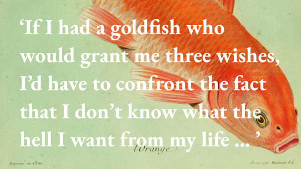 An illustration of a goldfish in the background with a quote from the writer Etgar Keret in the foreground: 'If I had a goldfish who would grant me three wishes, I'd have to accept the fact that I don't know what the hell I want from my life … '