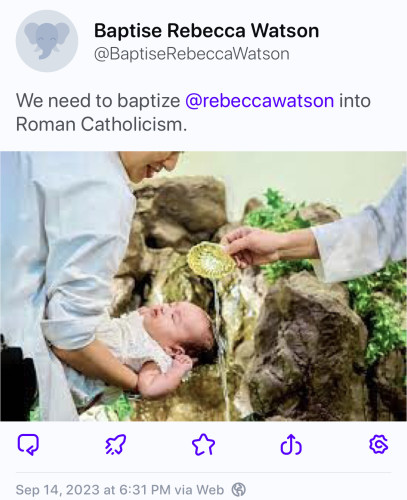 screenshot of a post from a user called “Baptise Rebecca Watson @BaptiseRebeccaWatson” reading 
“We need to baptize @rebeccawatson into
Roman Catholicism.” With a photo of a baby being baptized. 🤷‍♀️