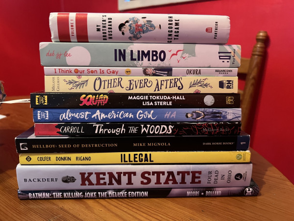 Graphic novel titles: My Brother’s Husband, In Limbo, I Think Our Son is Gay, Other Ever After, Squad, Almost American Girl, Through the Woods, Hellboy: Seed of Destruction, Illegal, Kent State: Four Dead in Ohio, Batman: The Killing Joke. 