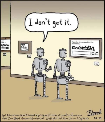 Two robots stand in an art gallery, filled with framed images of captures. One robot says to the other, "I don't get it."