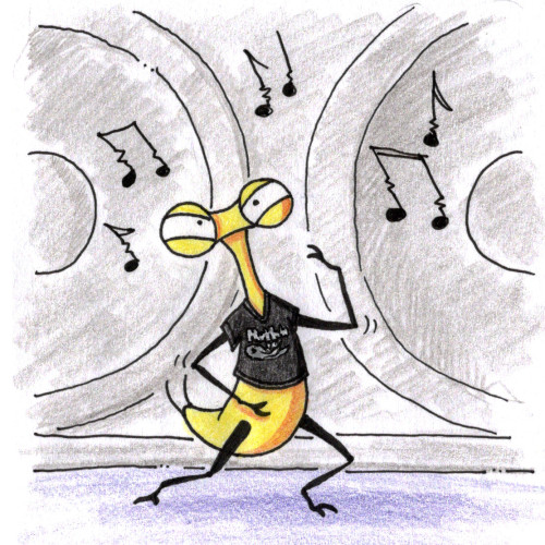 A yellow bug creature eagerly playing air guitar in front of a huge speaker. He's wearing a black metalhead.club shirt.