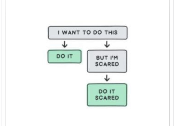 flow chart. “I want to do this” leads on the left to “do it” and on the right to “but i’m scared.” and “but i’m scared” leads to “do it scared.”