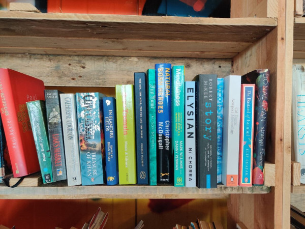 Community bookshelf in the Marina Market in Cork city. Photo shows one shelf with a range of fiction and nonfiction books on it. Most notably, Elysian by me. 