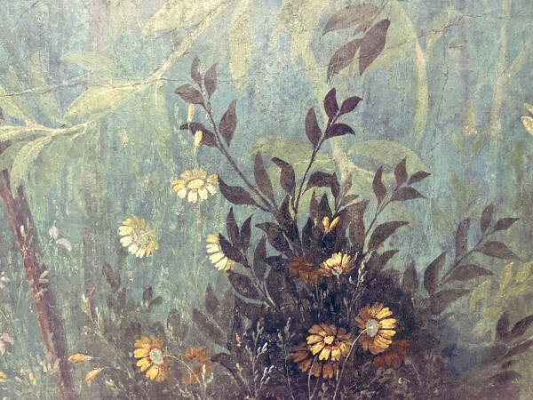 Yellow flowers like daisies in bloom - detail from the garden fresco of Livia with tones of greens and blues predominating.