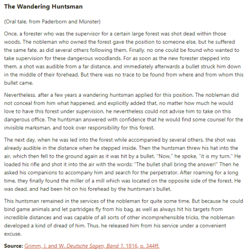 German folk tale "The Wandering Huntsman". Drop me a line if you want a machine-readable transcript!