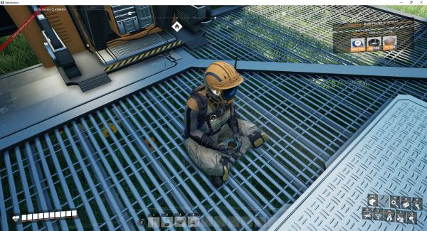 a screenshot of Satisfactory. There's a metal grading, with a woman in a suit sitting on it crosslegged. 