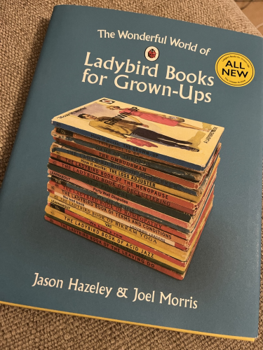 Cover of the book featuring a pile of ‘books’ from the Ladybird Books for Grown-Ups series