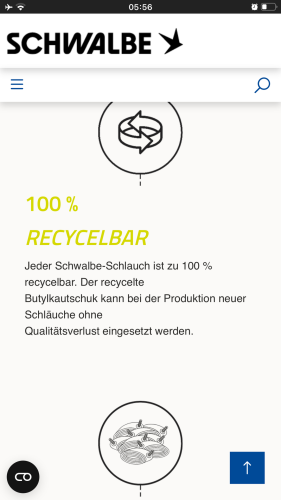 screenshot Schwalbe Website: Schläuche zu 100% ohne Qualitätsverlust recycelbar 