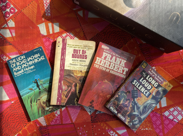 A photo of four books from my collection. Each are described at the link above.

Russell Hoban’s The Lion of Boaz-Jachin and Jachin-Boaz (1972), Judith Merril’s collection Out of Bounds (1960), Frank Herbert’s The Eyes of Heisenberg (1966), and Wilson Tucker's The Long Loud Silence (1952)