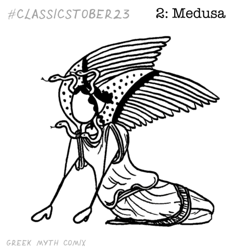An illustration in black and white of the creature Medusa with wings and snakes hair. 