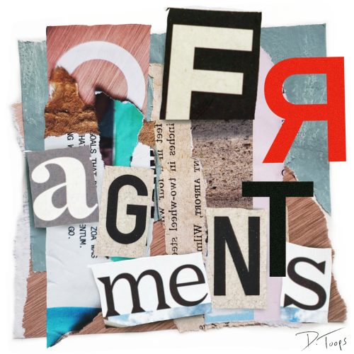 Collage of torn paper with letters that form the word "Fragments"