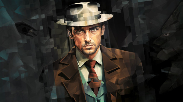 "Theo Gets Fragged," original digital illustration by Johnny Knapp Profane Au. Central figure is male, wears a 40s-style fedora and a brown suit coat. In the dark background a face of a dark bearded man peers at Theo. On the left a black hand with a gold religious ring peeks out from behind filmy veils. Digital tools used included AI. (C) 2023 Johnny Profane Knapp, all rights reserved.