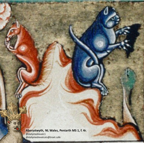 Picture from a medieval manuscript: A blue cat has turned its back on a red horse and is eating