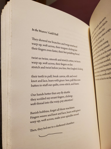 Page from the poetry collection Bramah and the Beggar Boy by Renee Sarojini Saklikar (Nightwood Editions), showing the poem "In the Weavers' Guild Hall", starting with the lines