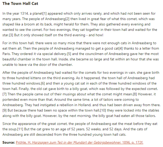 German folk tale "The Town Hall Cat". Drop me a line if you want a machine-readable transcript!