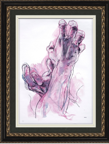 From personal collection, pastel and chalk figure drawing by Derek Overfield. ‘Fuchsia Hands’ depicts entwined hands stretched upwards. Fuchsia, purples, Grey. 