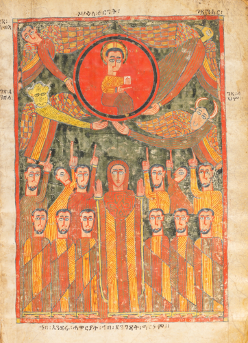 A medieval illuminated manuscript page.

In the upper half of the page, a haloed figure sits serenely in a circle, surrounded by four winged angels. Unusually, only one of the angels appears to have a human face - there is a bird, a horned almost bovine-like face, and something reminiscent of an ape with furry features.

Below the sky stand a crowd of solemn, bearded men, pointing up towards the haloed figure. In the centre of the crowd is a beardless figure, hands raised, with a scarf covering its head.

The illumination is visually very striking, with vivid red and yellow colours.

Around the edges of the  page are some words in Ge'ez script.