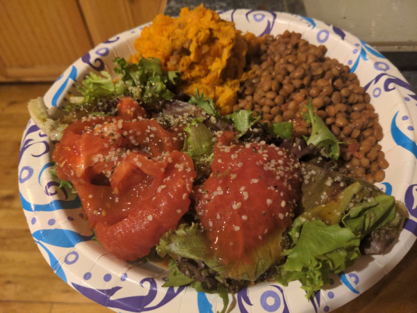 Spring greens salad with tomato, hemp hearts and Asian dressing. Lentils with soy sauce, garlic, onion, lemon juice. Mashed sweet potato. On a paper plate.