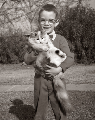 Black and white photo of a young white boy wearing adorable little brownie glasses and a sweater over a shirt with bowtie. He's smiling at the camera and cradling an extremely fluffy longhaired white cat with calico spots.