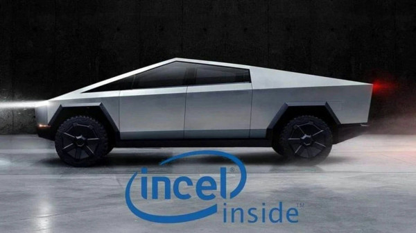 Press photo of CyberTruck with the phrase "Incel Inside" marked on it like the Intel logo