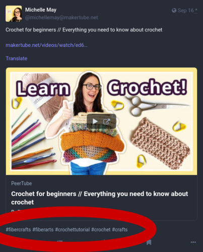 Screenshot of a PeerTube video as seen from Mastodon, with the tags from PeerTube automatically converted into hashtags on Mastodon and shown at the bottom of the post. This particular video is about learning crochet.