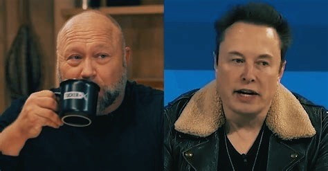 Image of alex jones and Elon musk just hanging out and being bros. Talking bout freedom of speech, helping oligarchs destroy america and their passion for trans porn