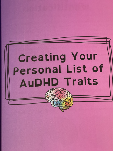 Page from inside work book, dyslexic font says CREATING YOUR PERSONAL LIST OF TRAITS.