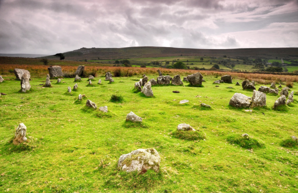 A concentric stone circle consisting of four individual stone rings on open moorland.